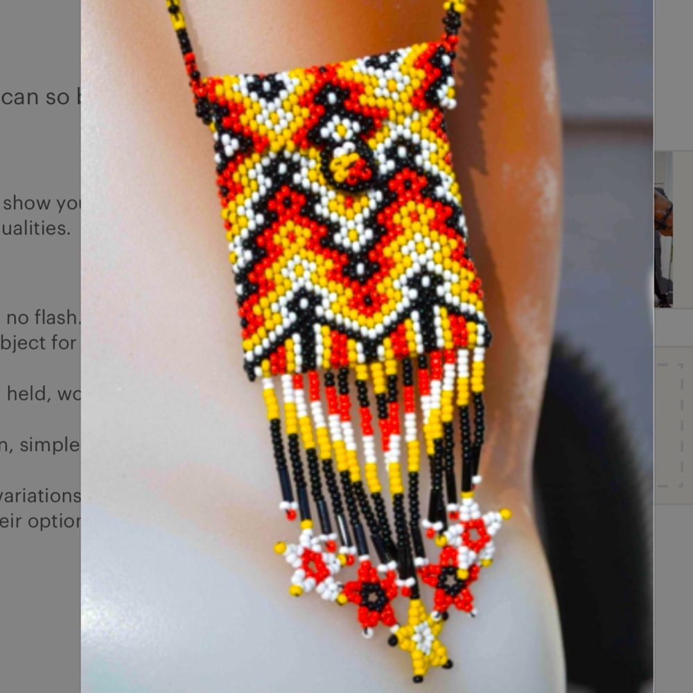 Southwestern Peyote bead medicine bag necklace Native American yellow red white